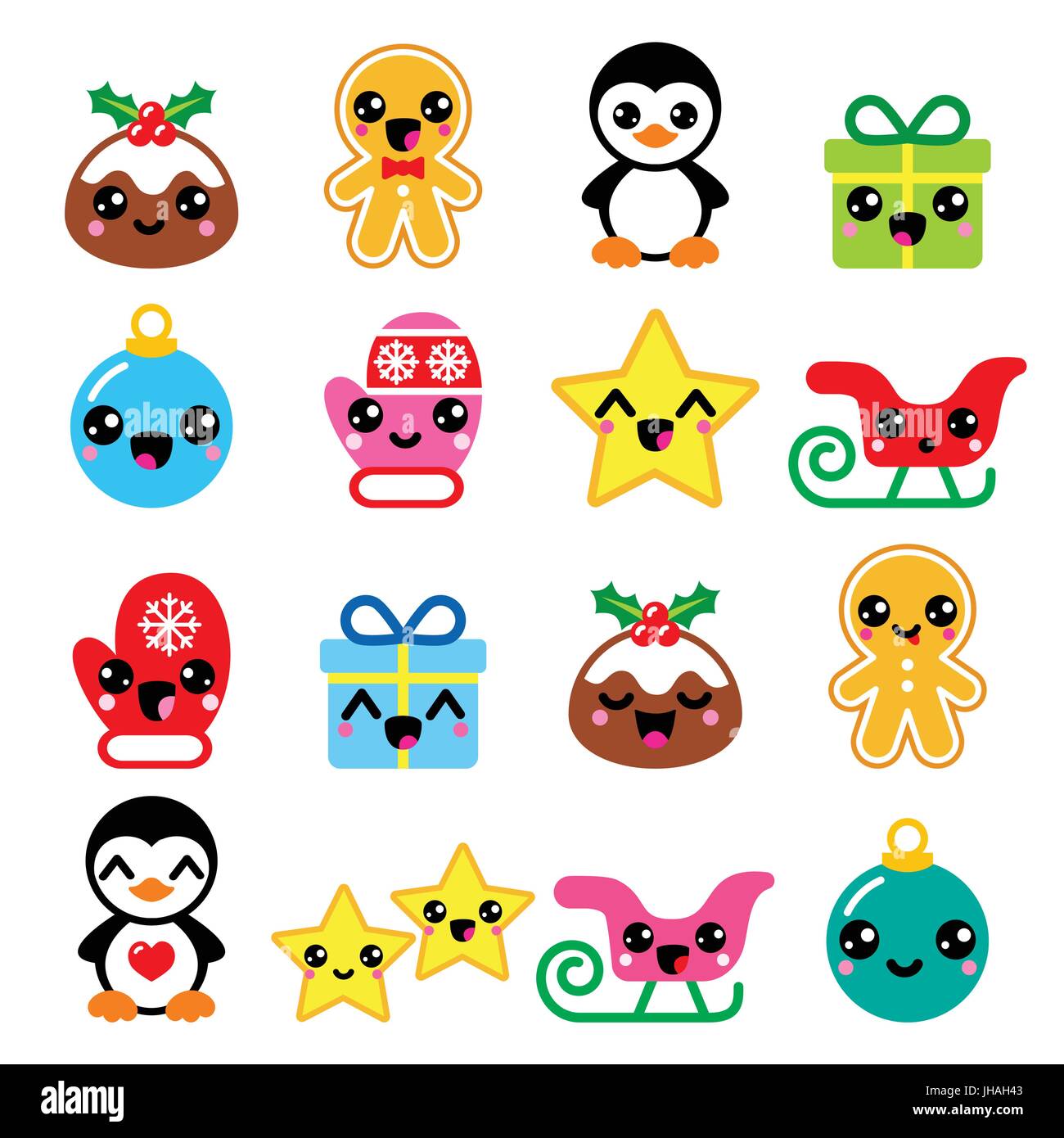 Immagini Natalizie Kawaii.Christmas Kawaii Icons Christmas Pudding Penguin Gingerbread Man Stock Vector Image Art Alamy