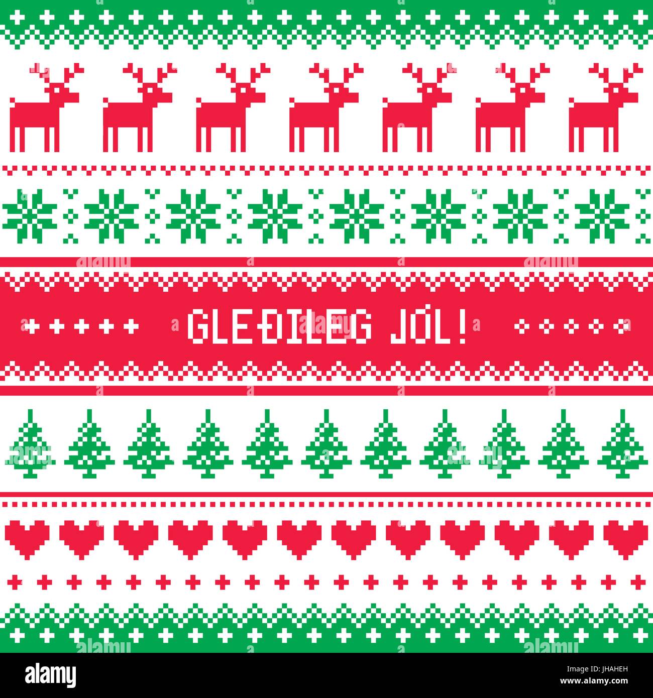 Gledileg Jol - Merry Christmas in Icelandic pattern, greetings card Stock Vector