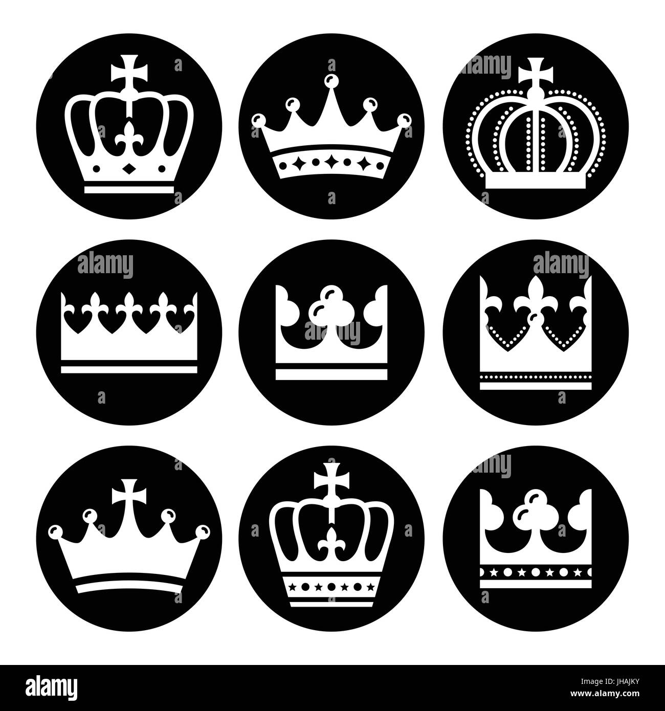 Crown, royal family - round icons set Stock Vector