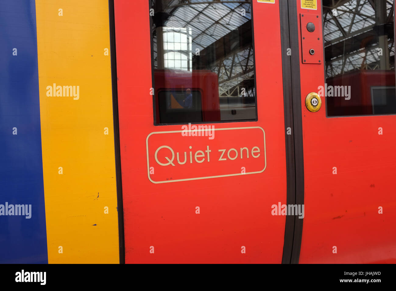 'Quiet zone' on the doors of a South West Trains carriage. Stock Photo