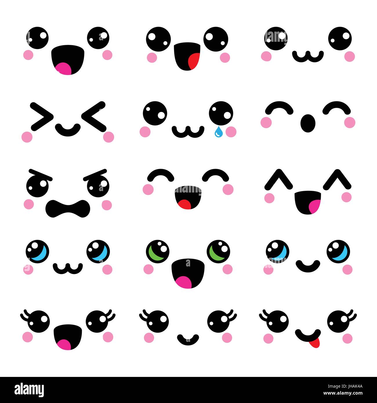 Set Vector Cartoon Anime Style Expressions Inglês Kawaii Caras