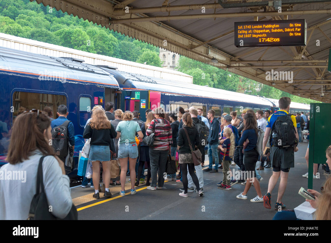 Passengers boarding a First Great Western train at Bath Spa railway station, Somerset, England, UK Stock Photo