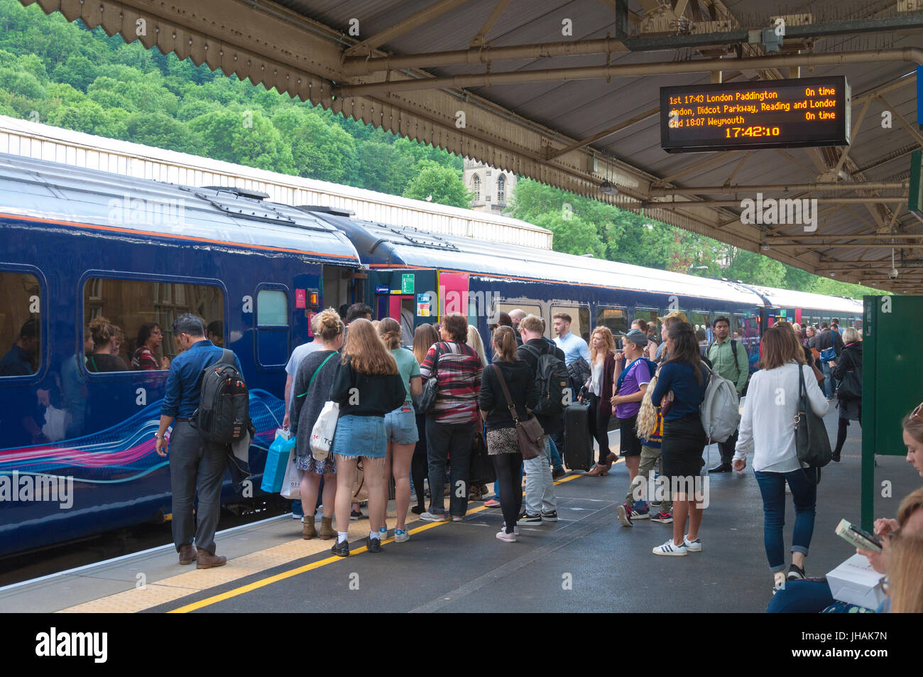 Passengers boarding a First Great Western train at Bath Spa railway station, Somerset, England, UK Stock Photo