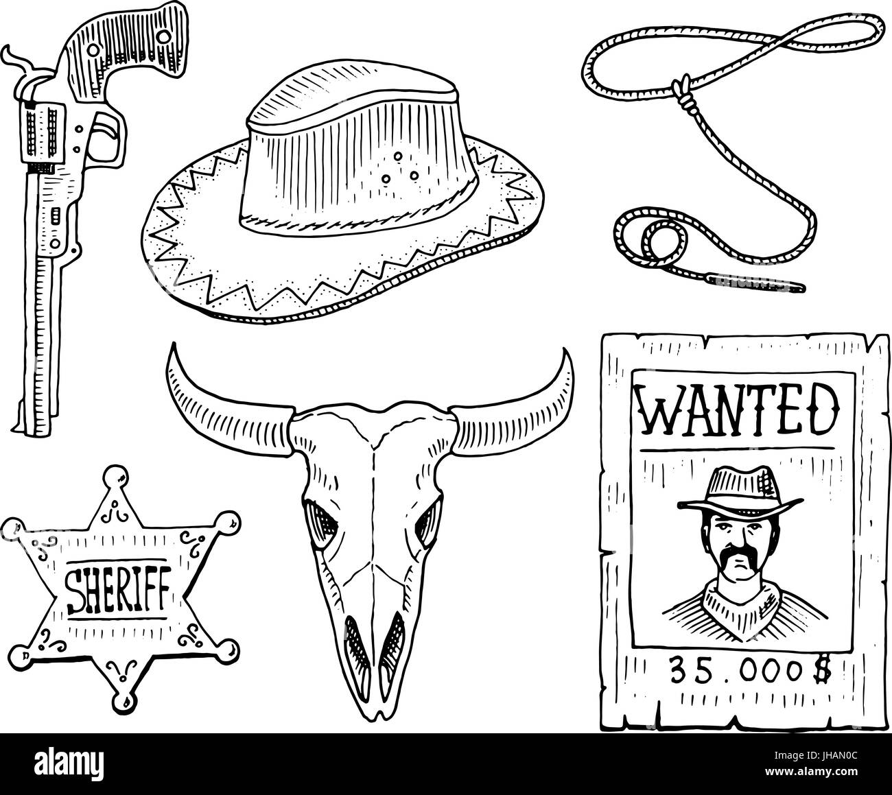 Wild west, rodeo show, cowboy or indians with lasso. hat and gun, cactus with horseshoe, sheriff star and bison, bull skull and wanted poster. engraved hand drawn in old sketch and vintage style. Stock Vector