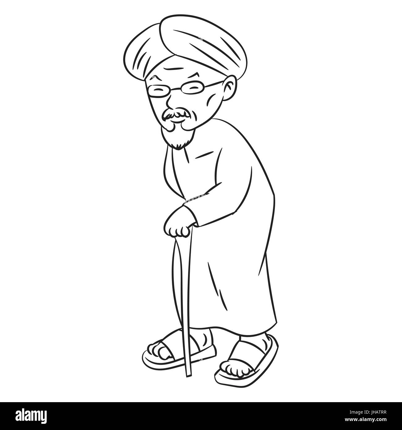 Hand drawn sketch of Malay Grandfather Character Cartoon isolated, Black and White Cartoon Vector Illustration for Coloring Book - Line Drawn Vector Stock Vector