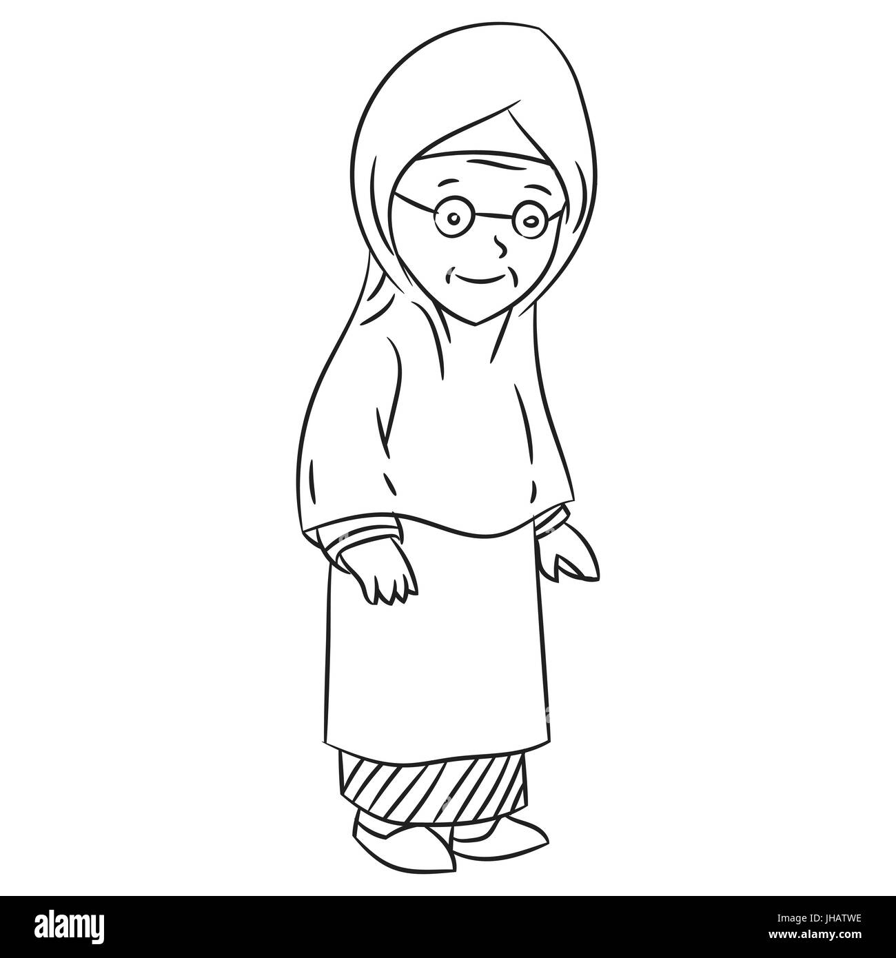 Hand drawn sketch of Malay Grandmother Character Cartoon isolated, Black and White Cartoon Vector Illustration for Coloring Book - Line Drawn Vector Stock Vector