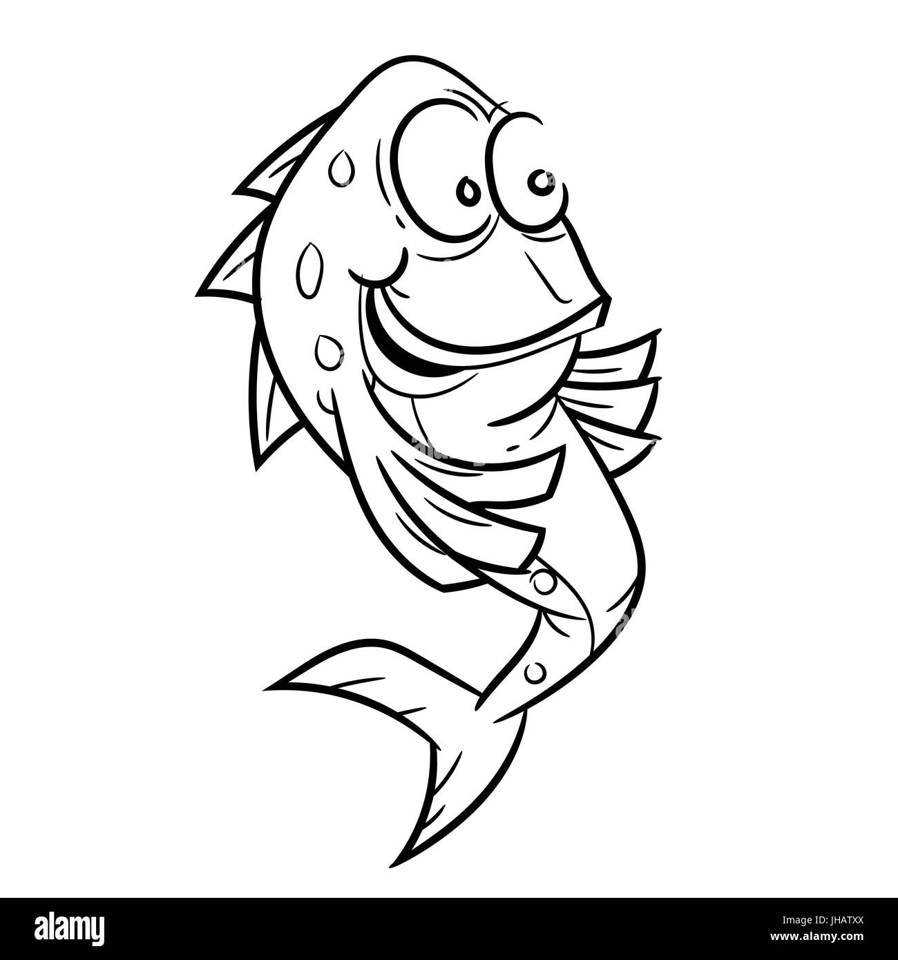 Hand drawn sketch of Smiling Fish Cartoon isolated, Black and White Cartoon Vector Illustration for Coloring Book - Line Drawn Vector Stock Vector