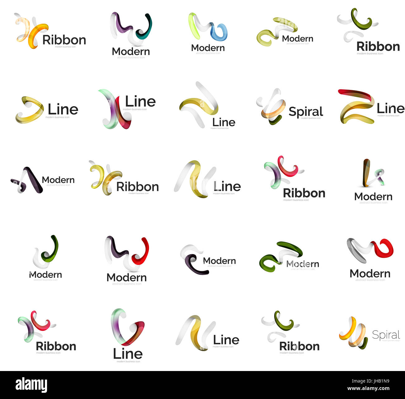 Set of abstract ribbon logo icons - multicolored shiny wave, swirl ...