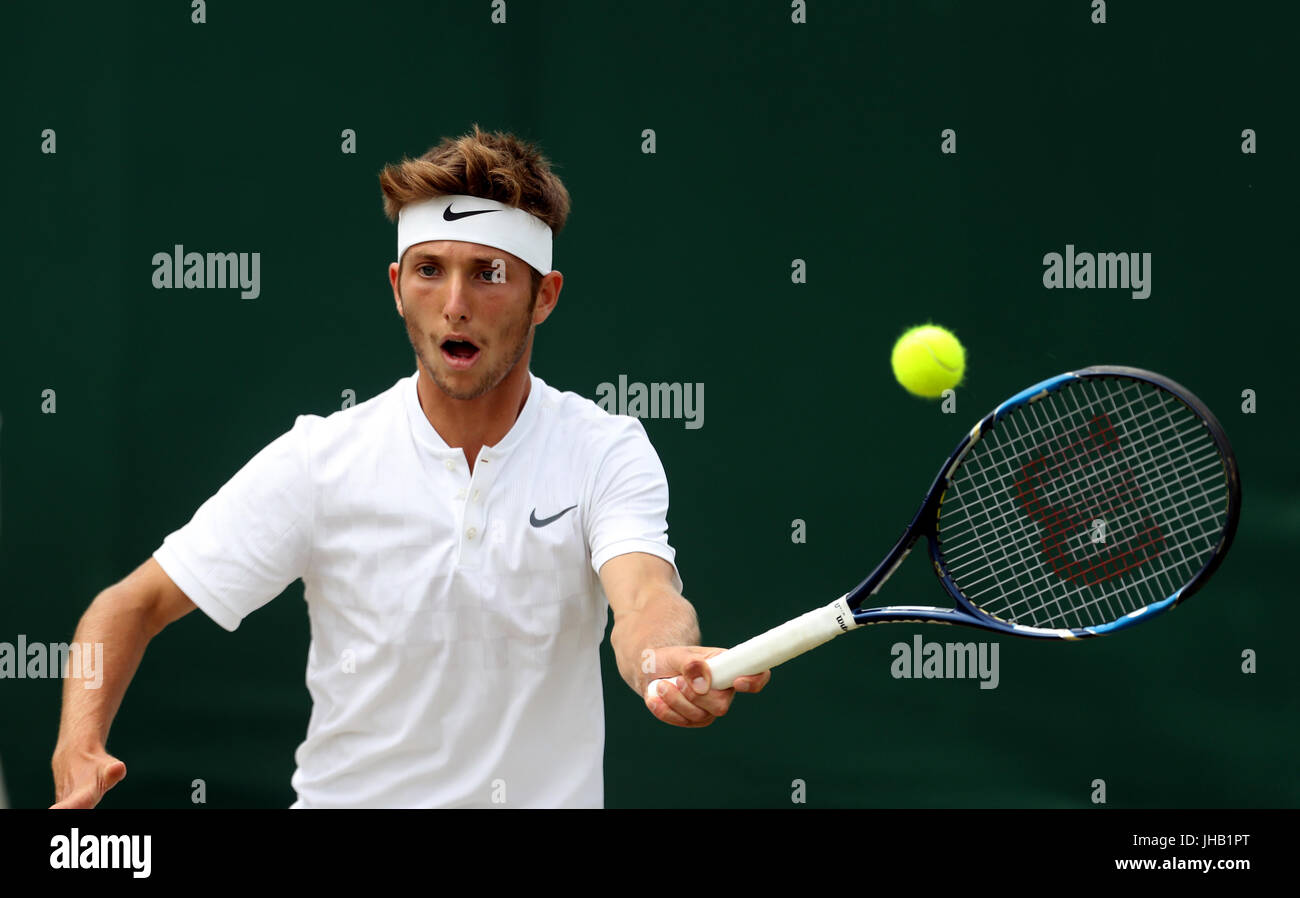 Matteo Martineau in action in the Boys singles on day ten of the Wimbledon  Championships at The All England Lawn tennis and Croquet Club, Wimbledon.  PRESS ASSOCIATION Photo. Picture date: Thursday July