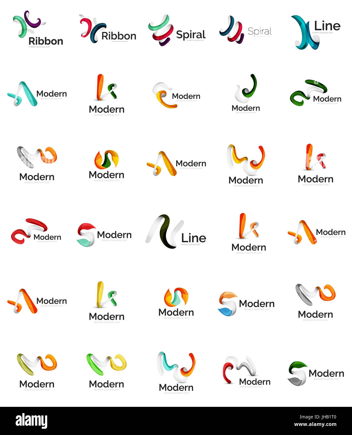 Set of abstract ribbon logo icons - multicolored shiny wave, swirl ...