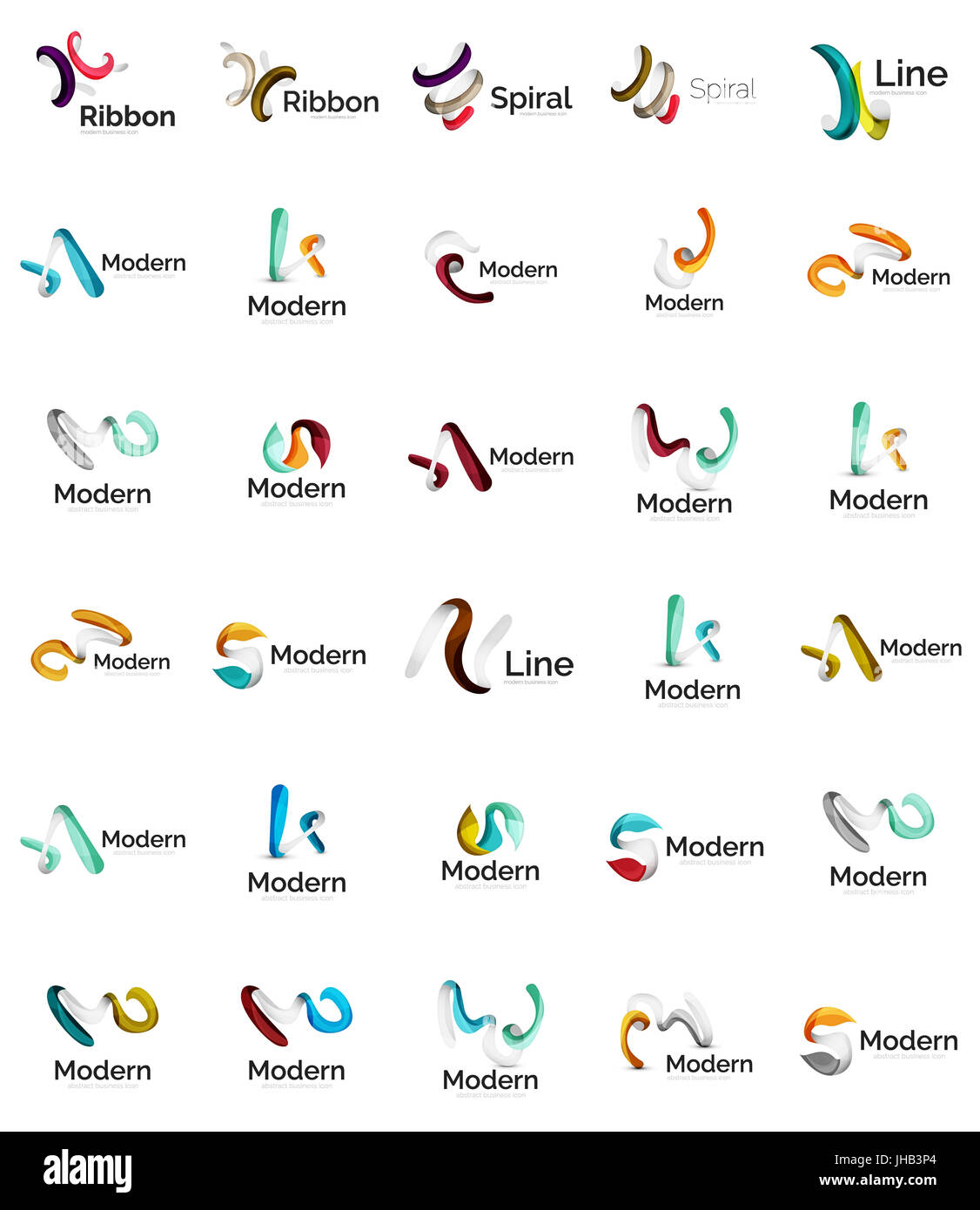 Set of abstract ribbon logo icons - multicolored shiny wave, swirl ...