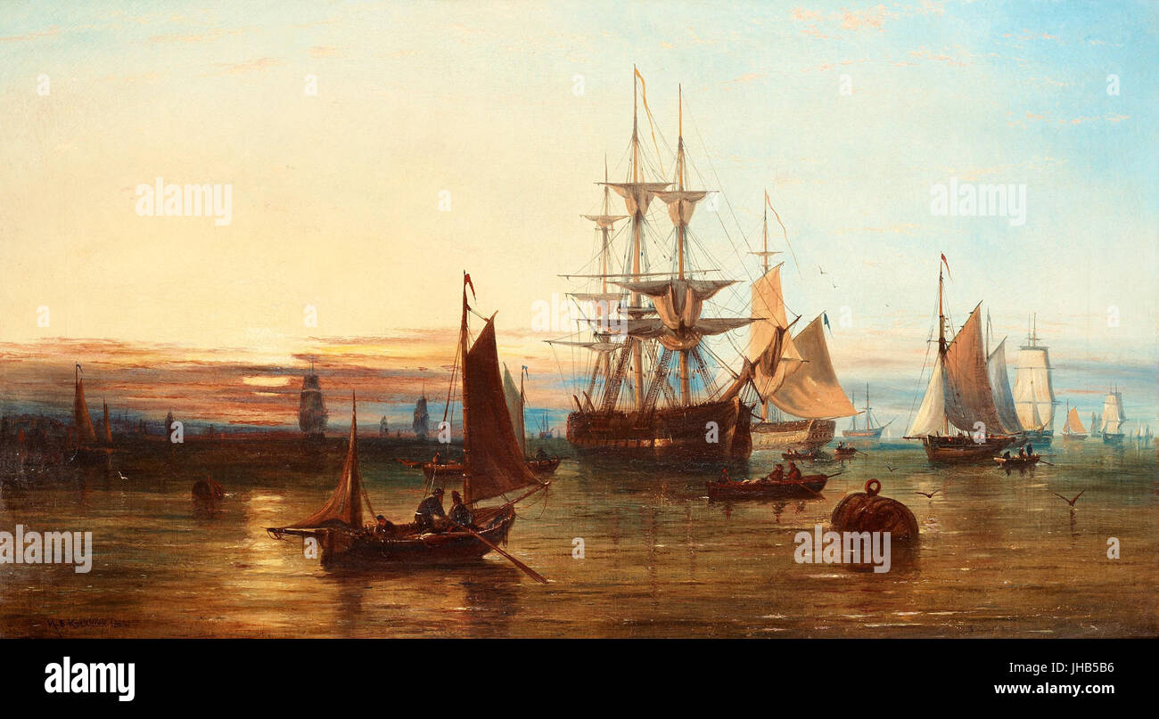 Johannes Hermanus Barend Koekkoek - Ships at dusk (1864) Stock Photo