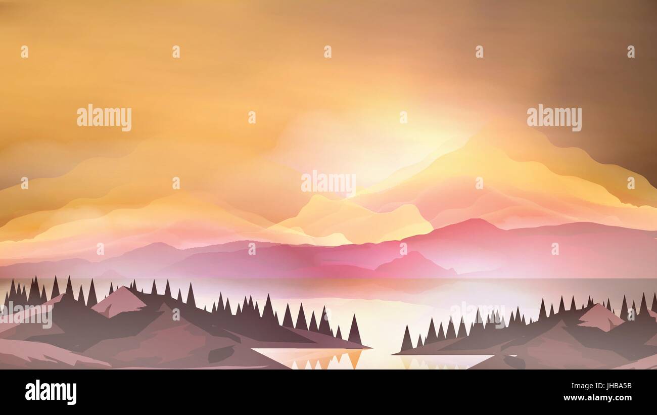 Abstract Sunrise Mountains with Lake and Pine Forest - Vector ...