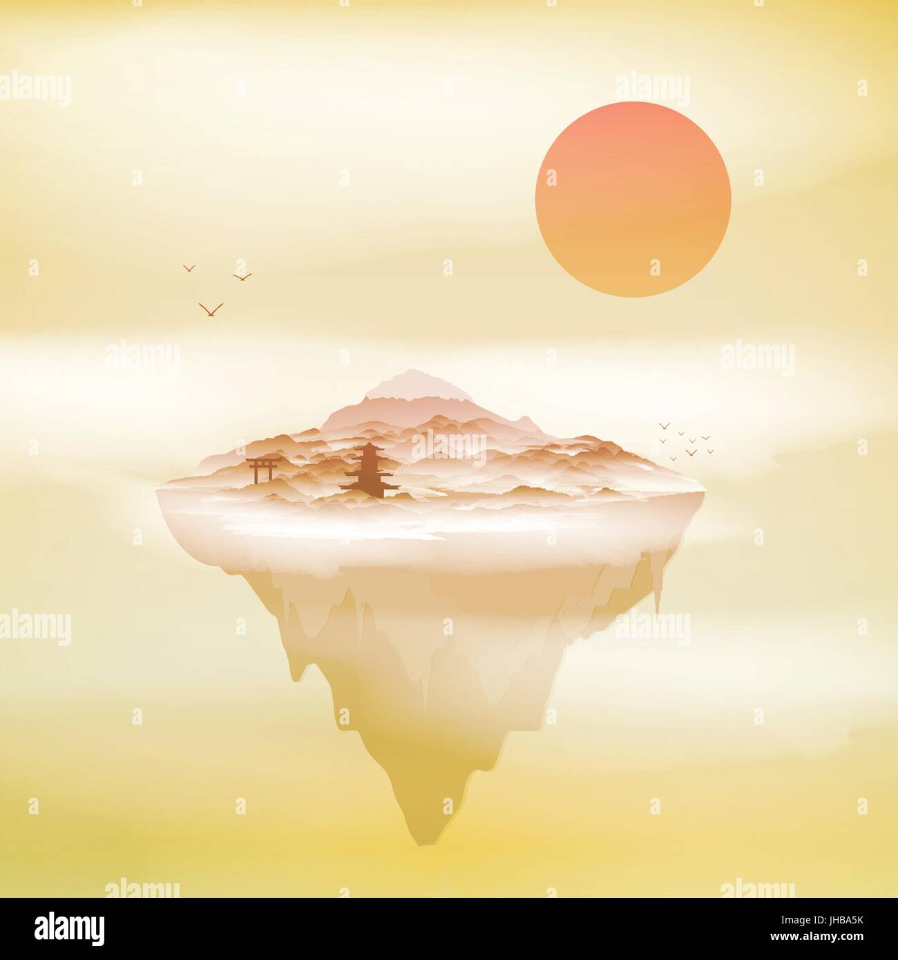 Japanese Landscape Background with Mountains and Arch on a Floating