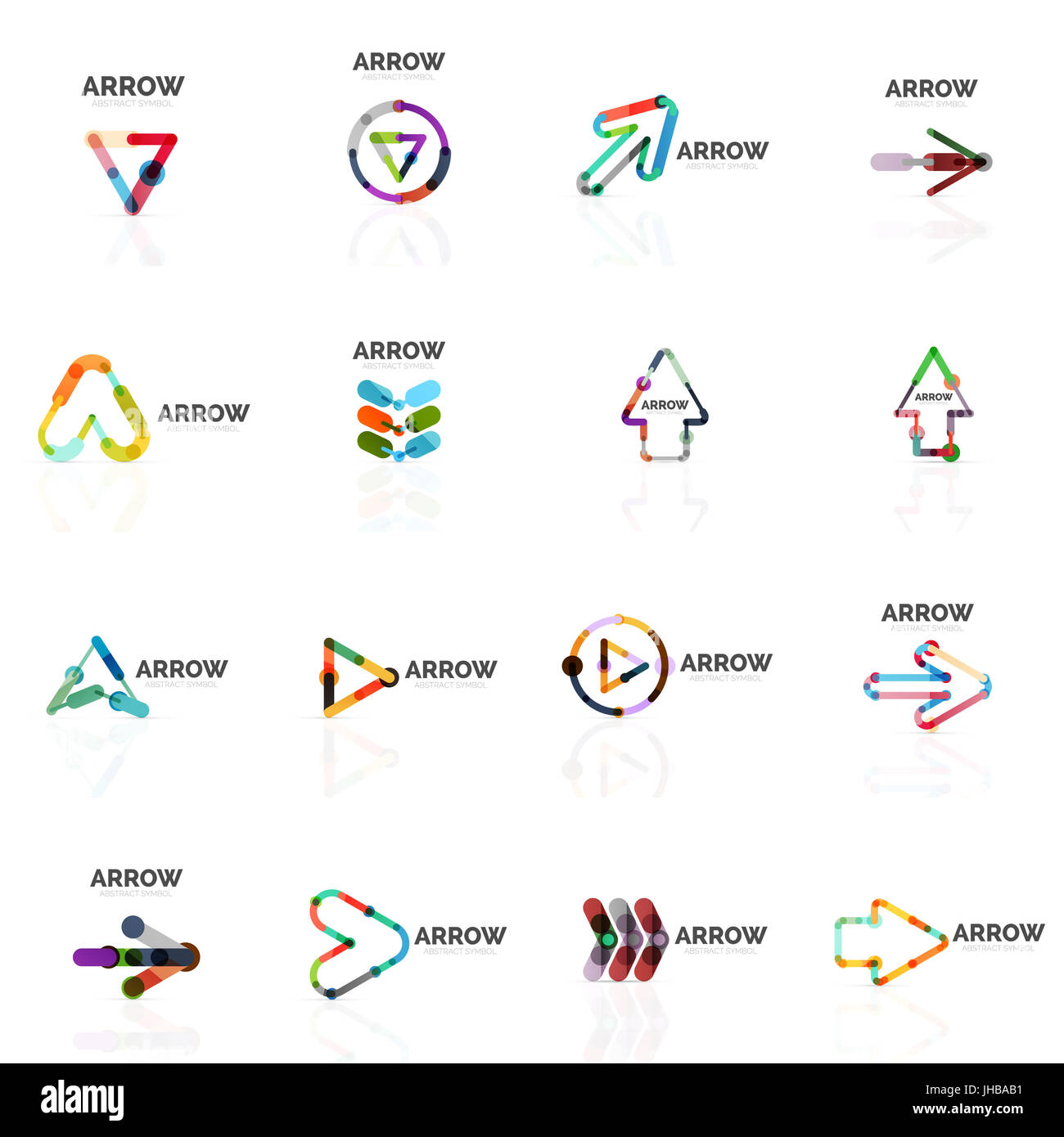 Set of linear arrow abstract logos, connected multicolored segments of ...