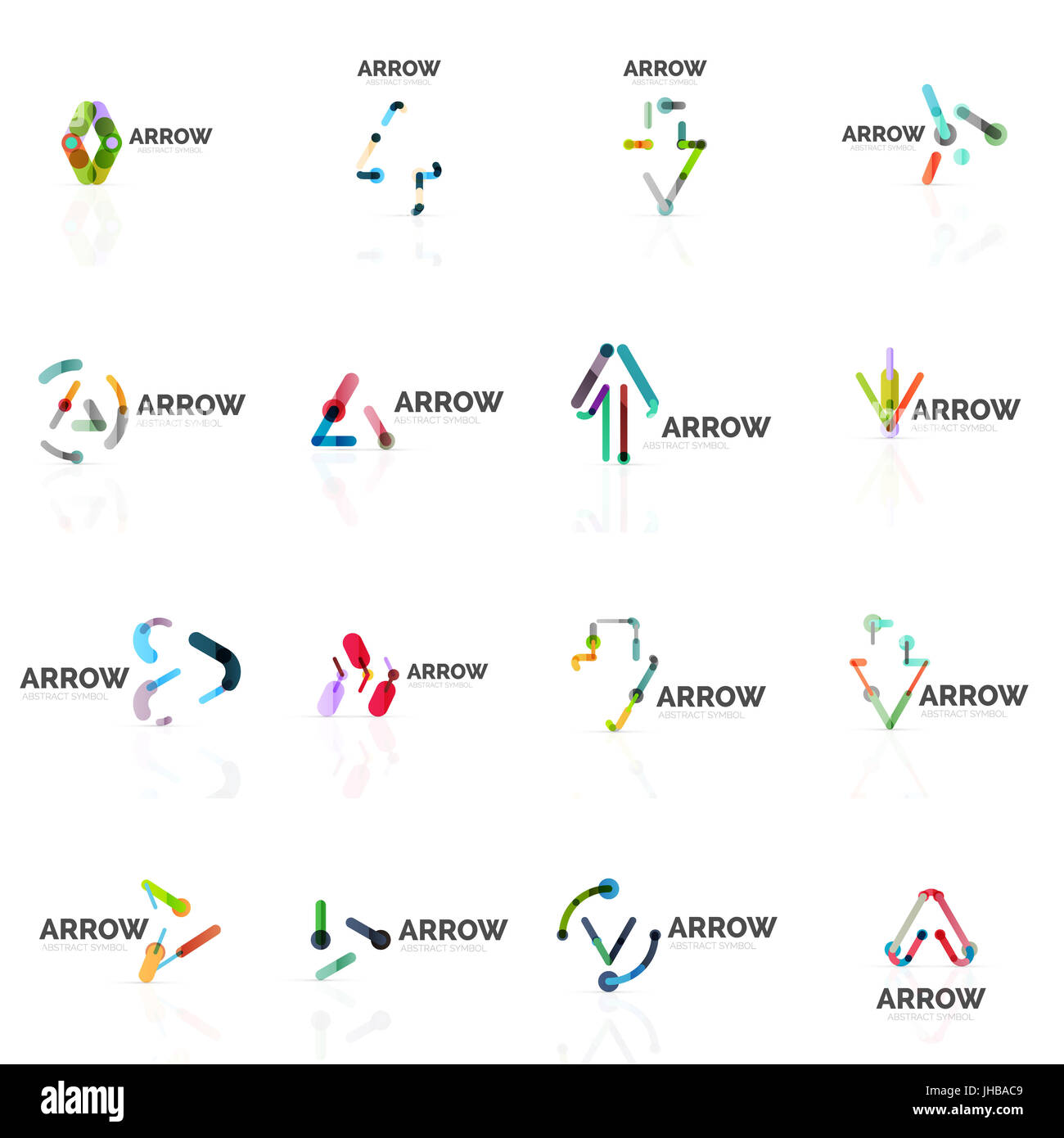 Set of linear arrow abstract logos, connected multicolored segments of ...