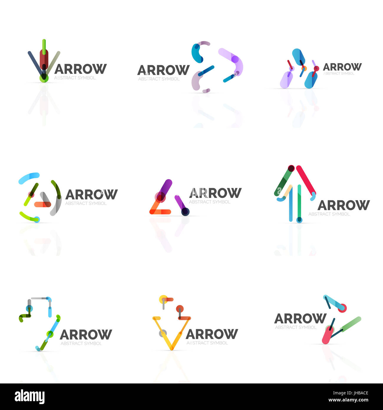 Set of linear arrow abstract logos, connected multicolored segments of ...