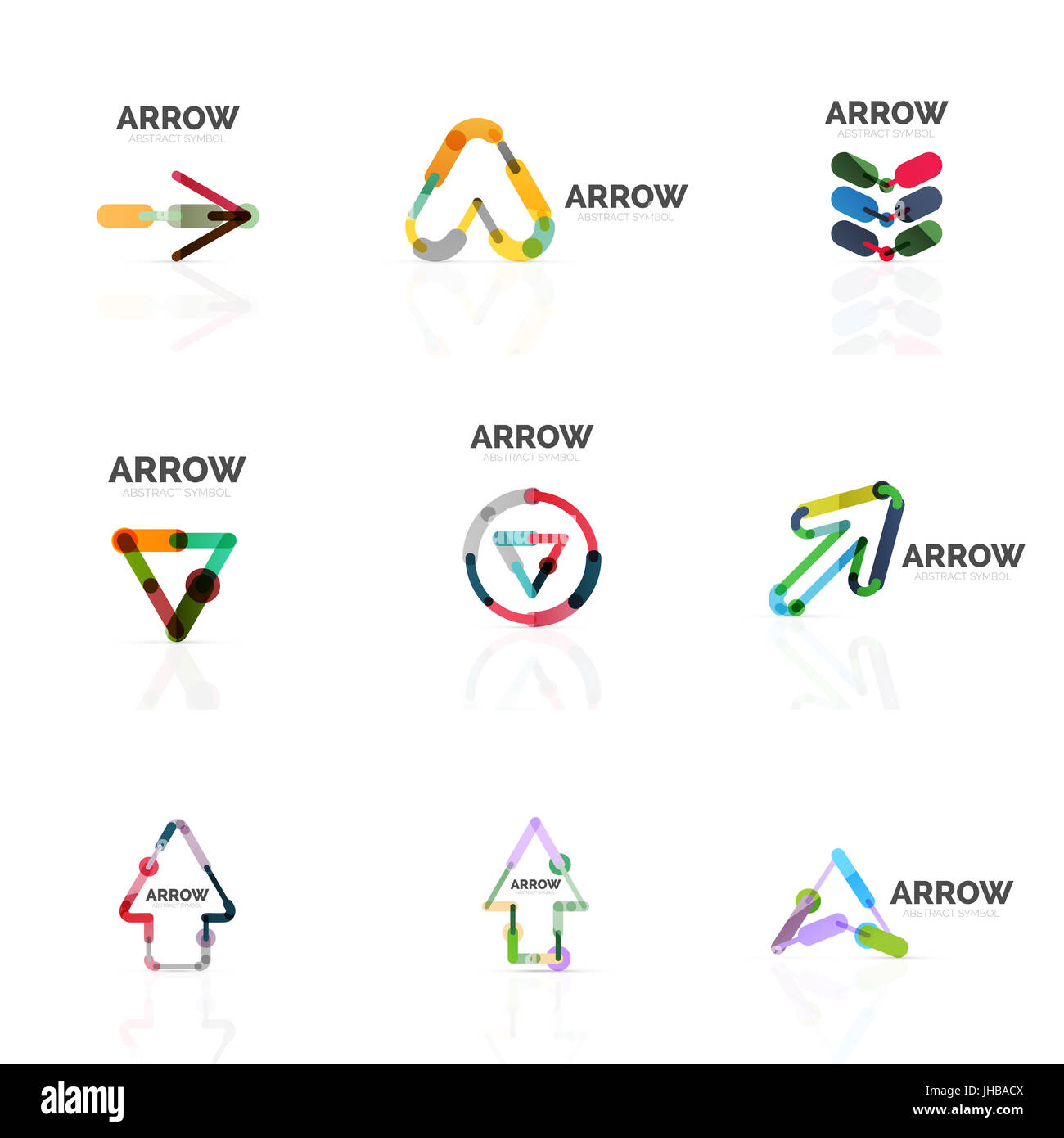 Set of linear arrow abstract logos, connected multicolored segments of ...