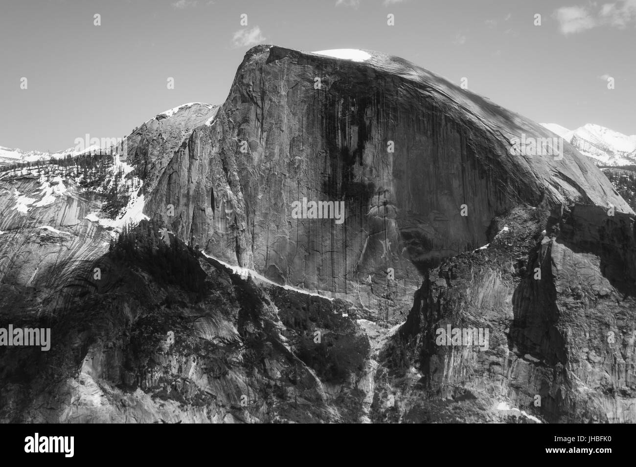 Black and white view of mountains including Half Dome after 16 mile hike on Yosemite Falls trail to the top of North Dome-Photography by Paul Toillion Stock Photo