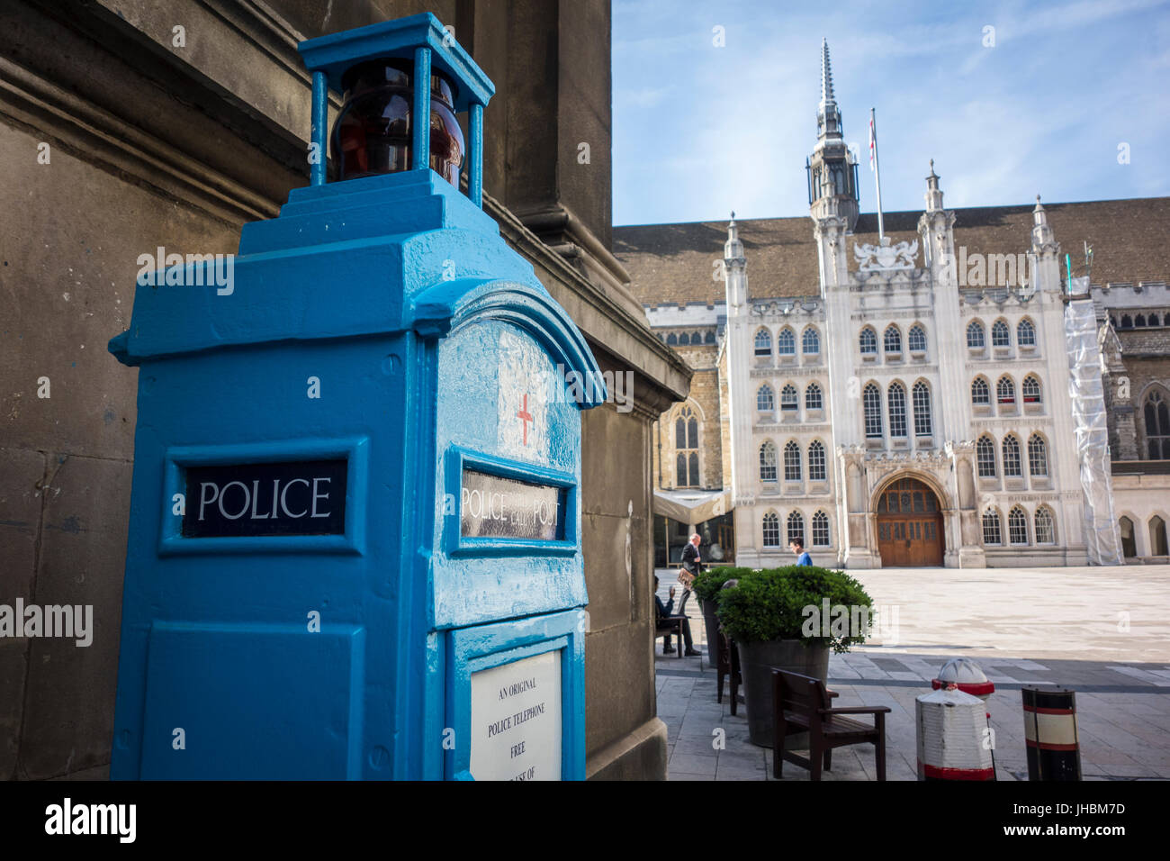 Old blue police public call post, Guildhall Yard, City of London, UK Stock Photo