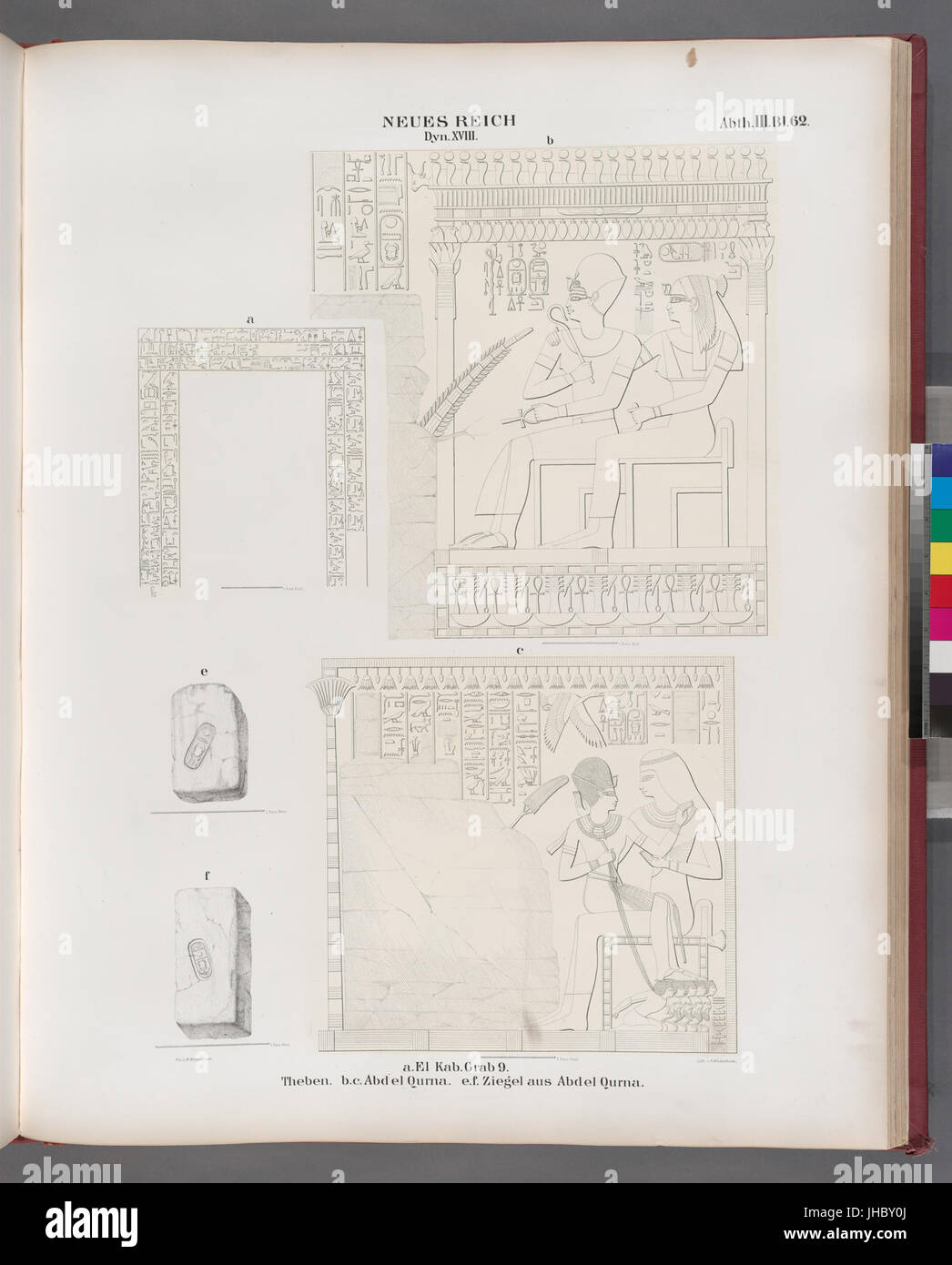 Neues Reich. Dynastie XVIII. a. El Kab (el-Kab)- Grab 9; Theben (Thebes)- b. c. Abd el Qurna; e. f. Ziegel aus Abd el Qurna (NYPL b14291191-38231) Stock Photo