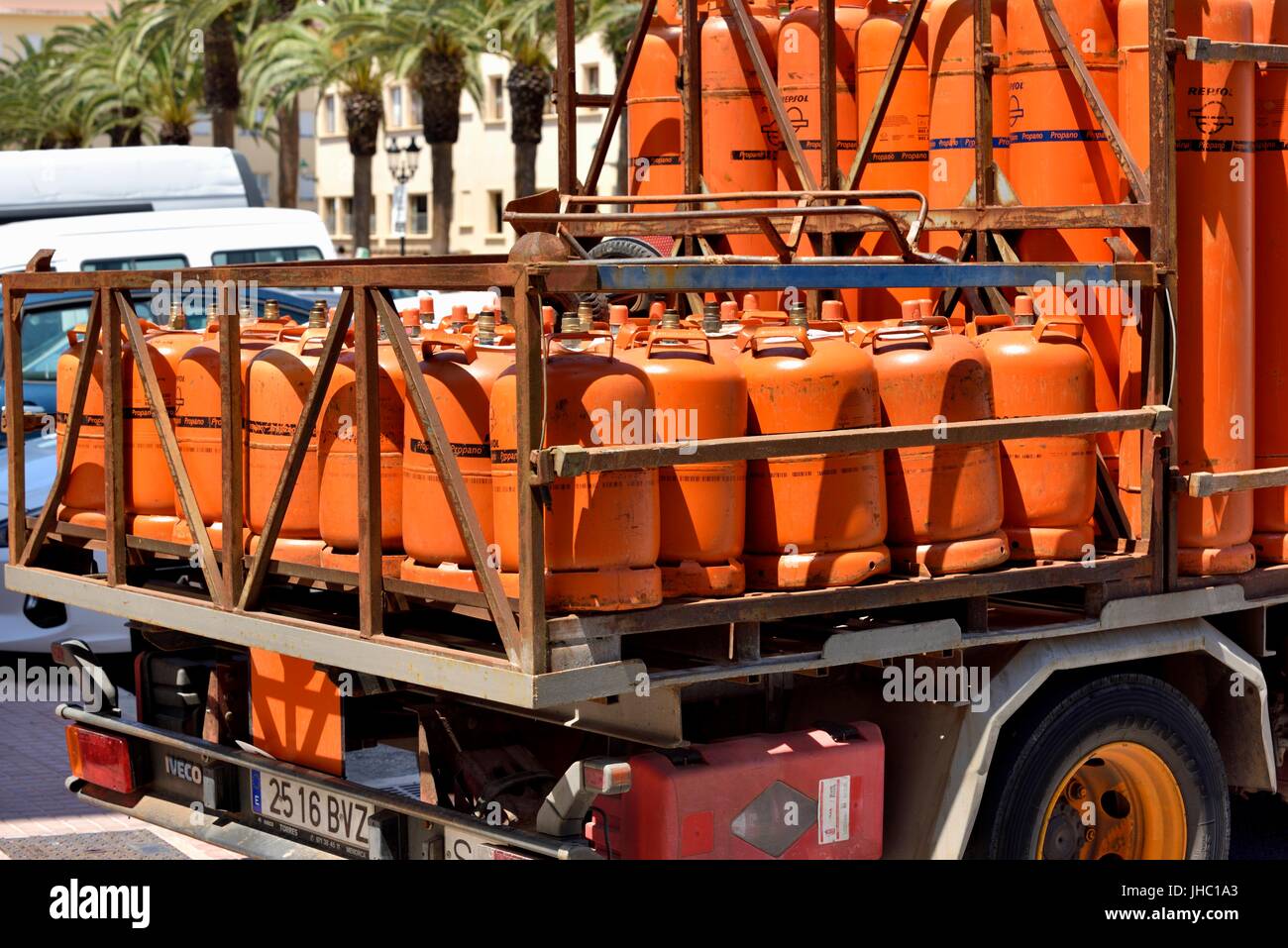 Propane gas bottles on a delivery lorry. Stock Photo