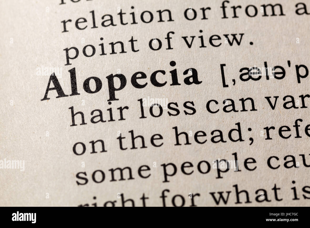 Fake Dictionary, Dictionary definition of the word Alopecia. including key descriptive words. Stock Photo