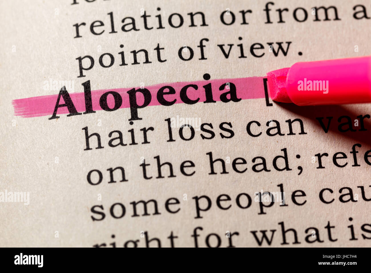 Fake Dictionary, Dictionary definition of the word Alopecia. including key descriptive words. Stock Photo