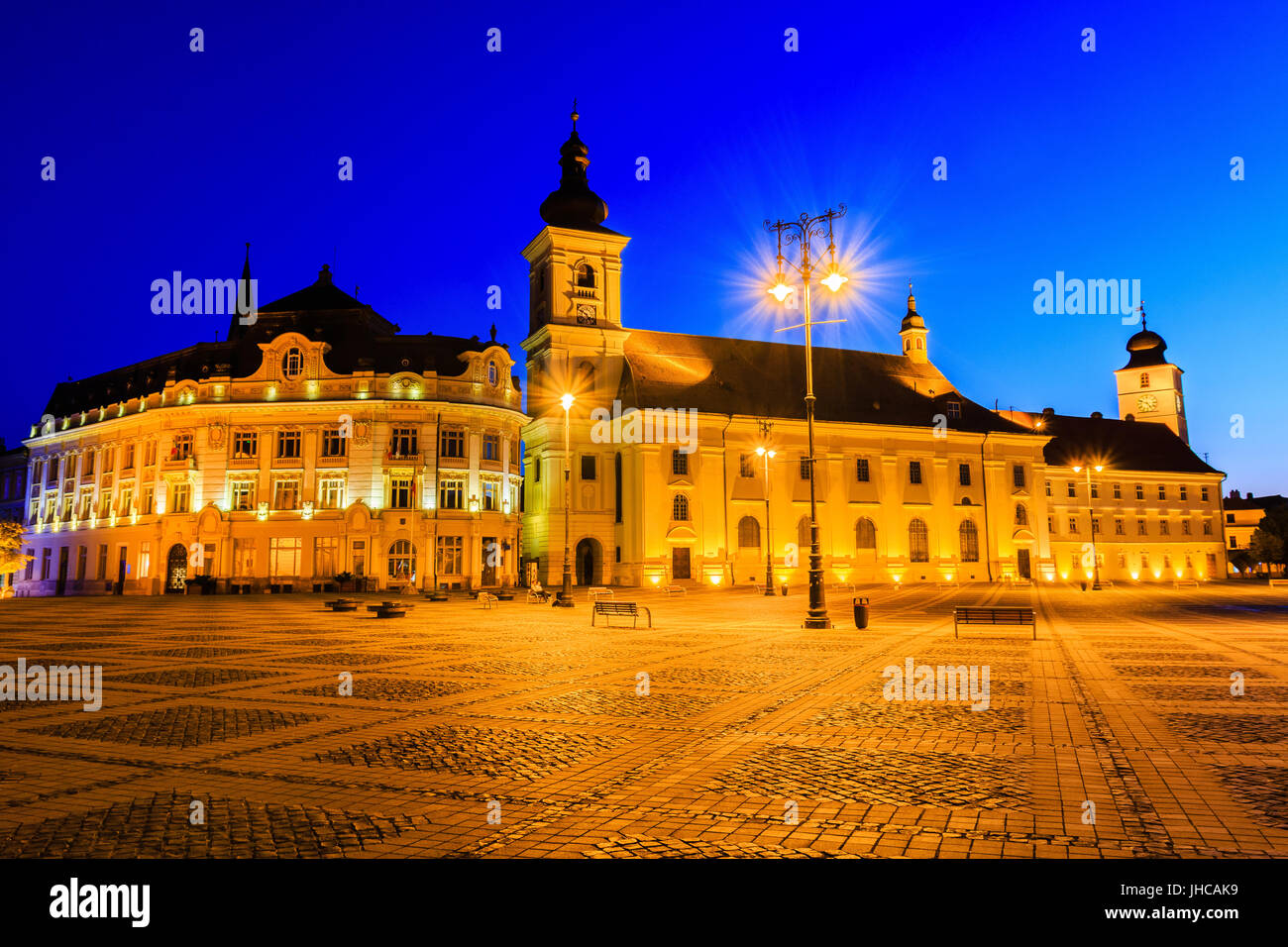 Sibiu, Romania.Large Square (Piata Mare) with the City Hall and the Cathedral in Transylvania. Stock Photo