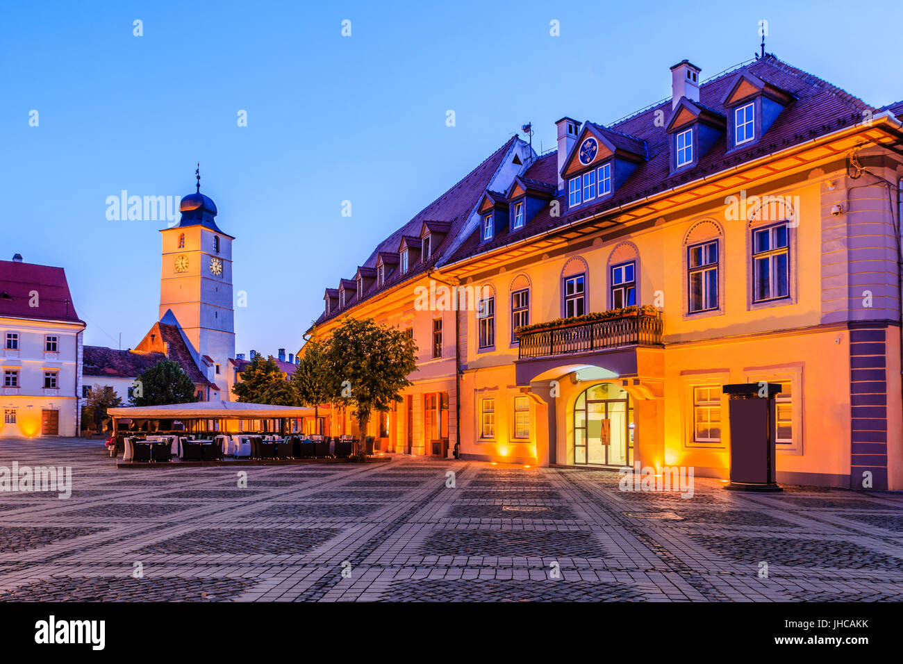 Sibiu,Romania.Council Tower in the Large Square of Sibiu Stock Photo