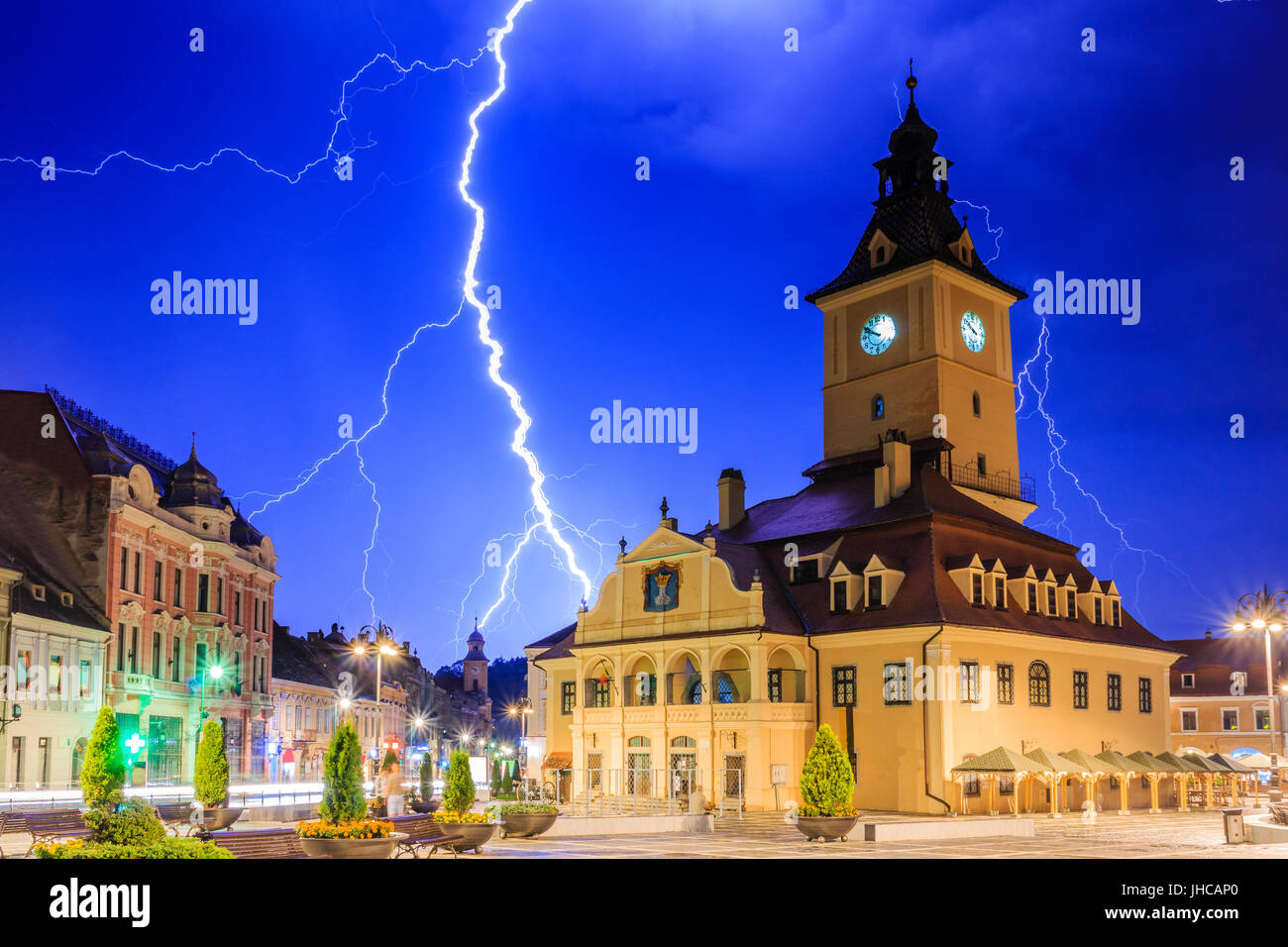 Brasov, Romania. Thunderstorm in the city center. Stock Photo