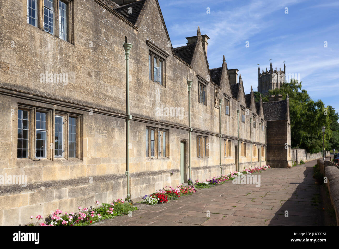 Almshouses and St James church, Chipping Campden, Cotswolds, Gloucestershire, England, United Kingdom, Europe Stock Photo