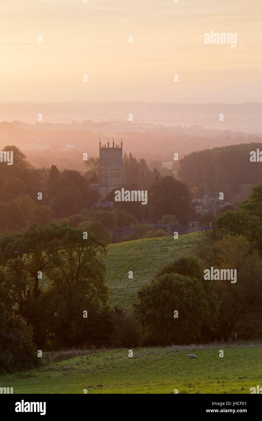Cotswold countryside and St James Church at dawn, Chipping Campden, Cotswolds, Gloucestershire, England, United Kingdom, Europe Stock Photo