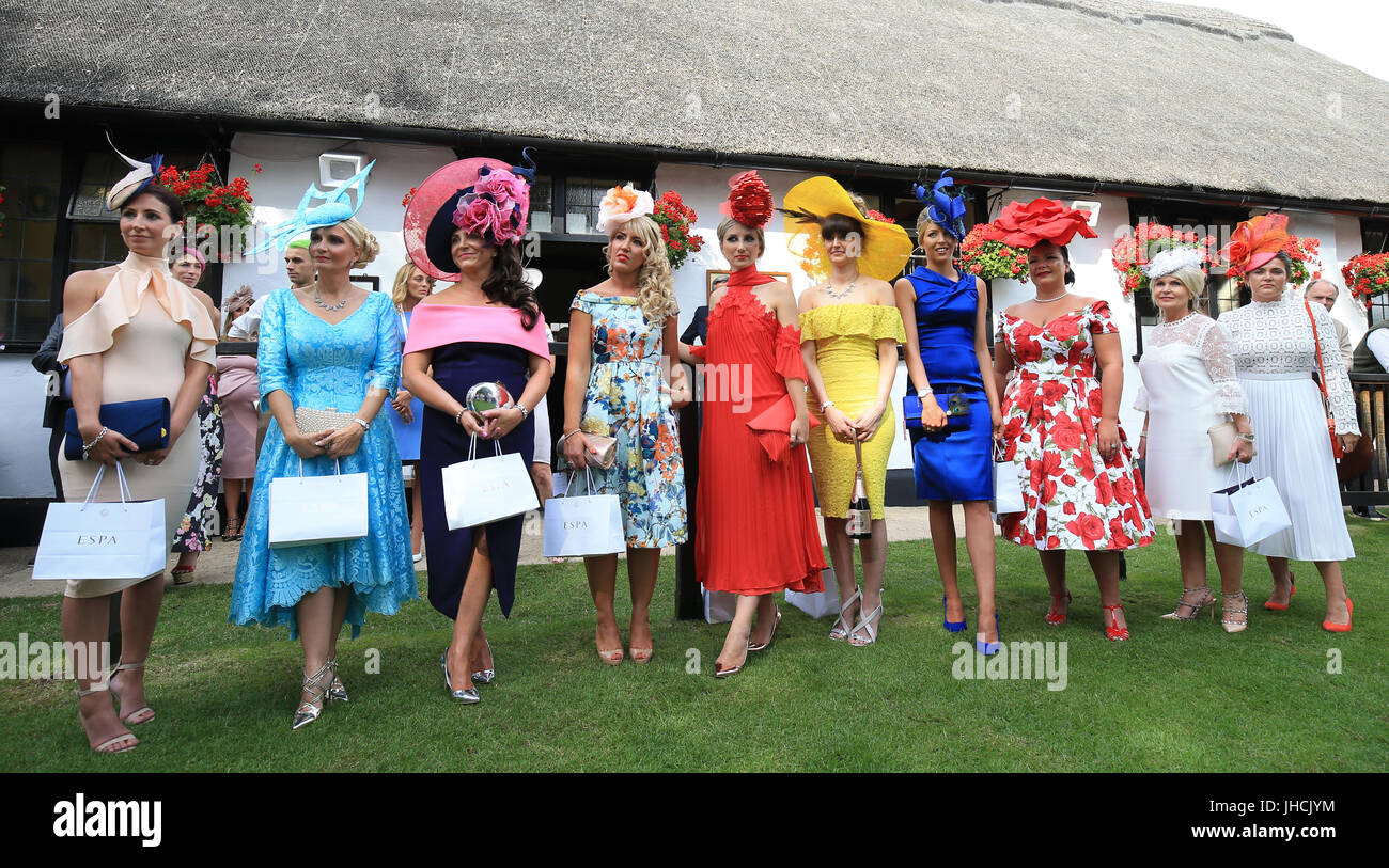 Top ten contestants for the Style Awards Best Dressed Lady Competition won by Ana Pribylova (red centre) during Ladies Day of The Moet and Chandon July Festival at Newmarket Racecourse. Stock Photo