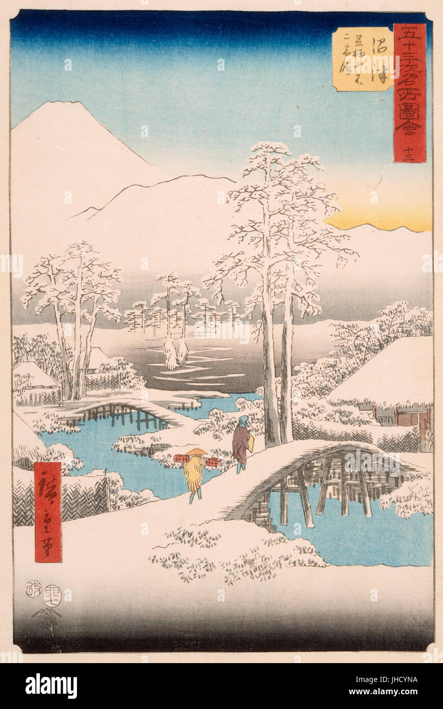 Mt. Fuji and Mt. Ashigara from Numazu in Clear Weather After a Snowfall