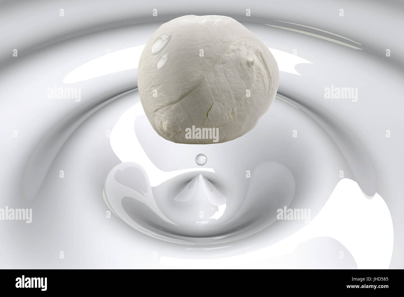 mozzarella cheese as a drop on liquid white wavy 3d illustration Stock