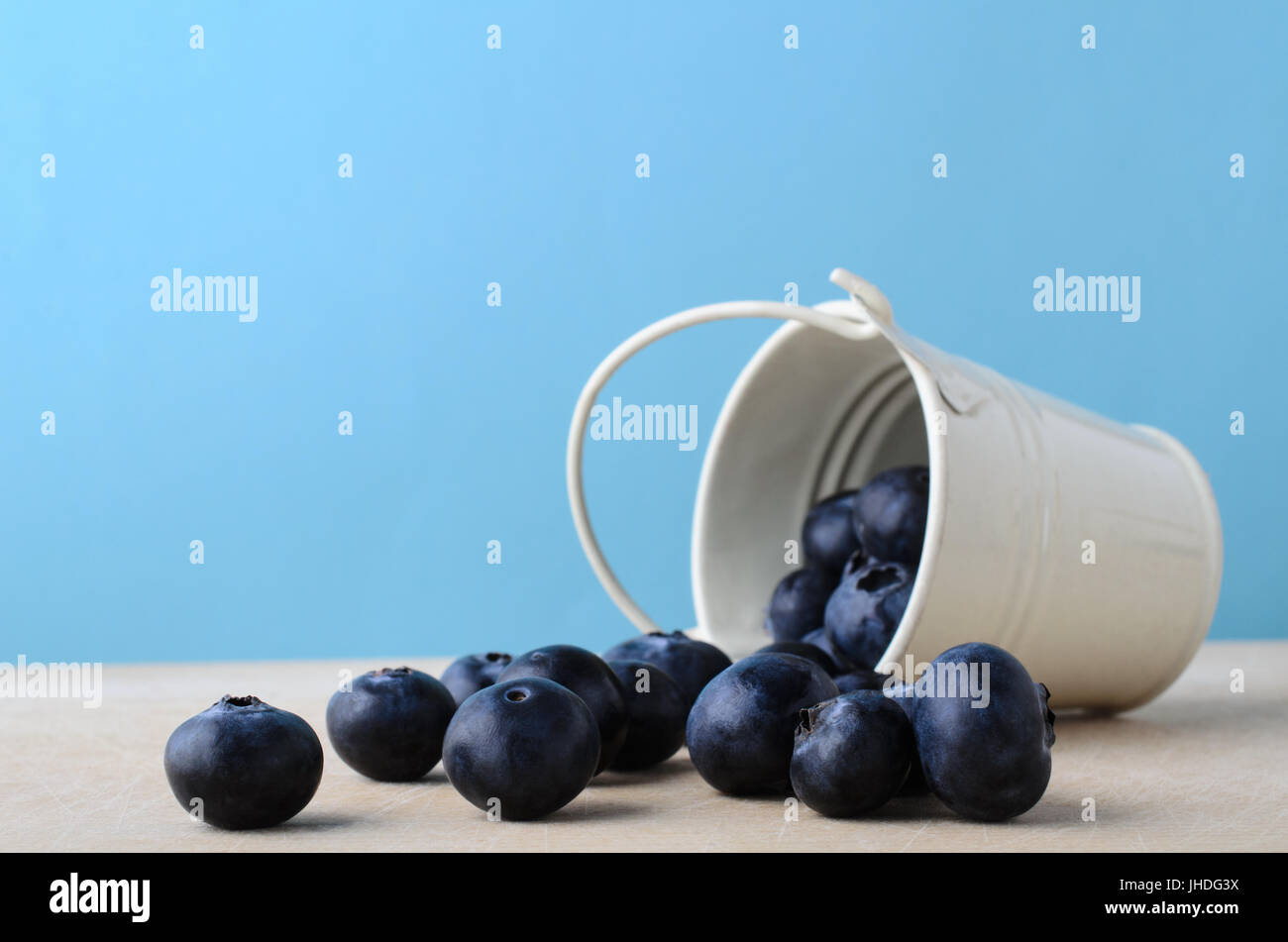 Blueberries spilling out of a cream enamel bucket that has tipped over on wood with light blue background providing copy space. Stock Photo