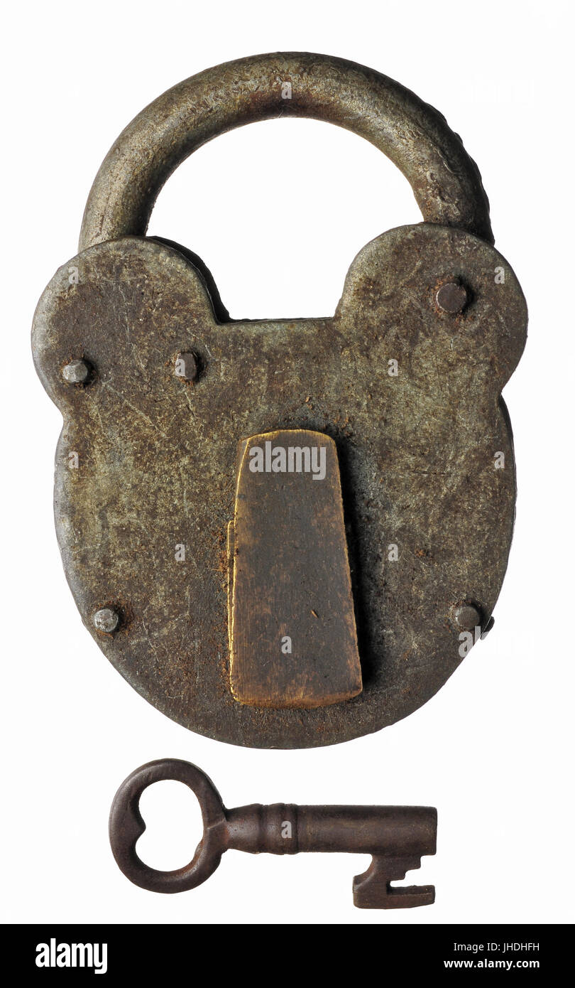 An old padlocked locked with key below - both isolated on a white background Stock Photo