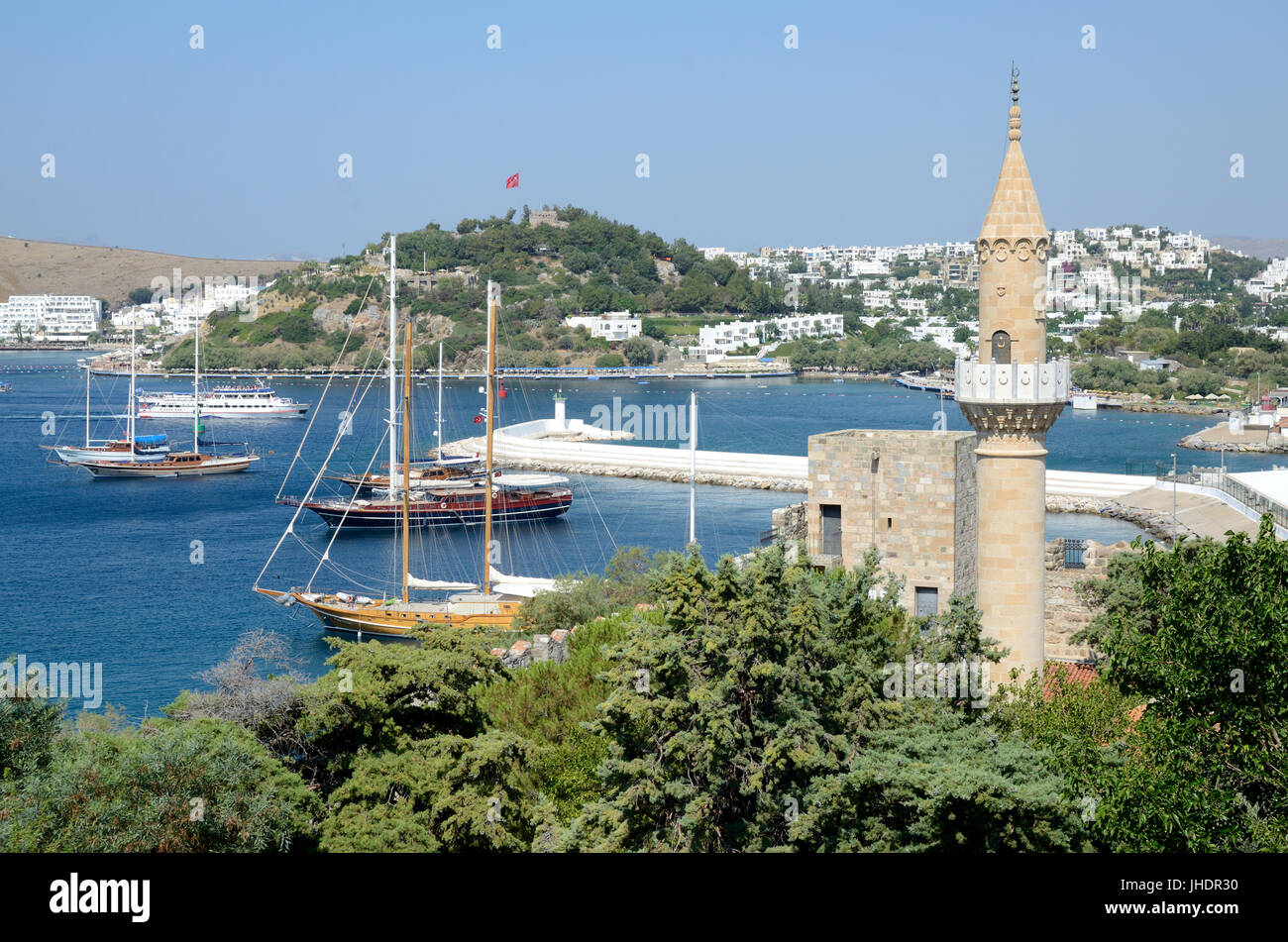 View from castle in Bodrum, Turkey. Aegean Sea, port and mosque Stock Photo Alamy