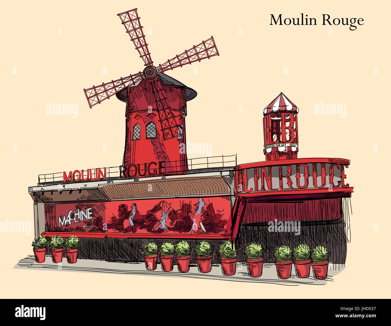 Cabaret Moulin Rouge (Landmark of Paris, France) vector isolated hand drawing illustration colorful image on beige background Stock Vector