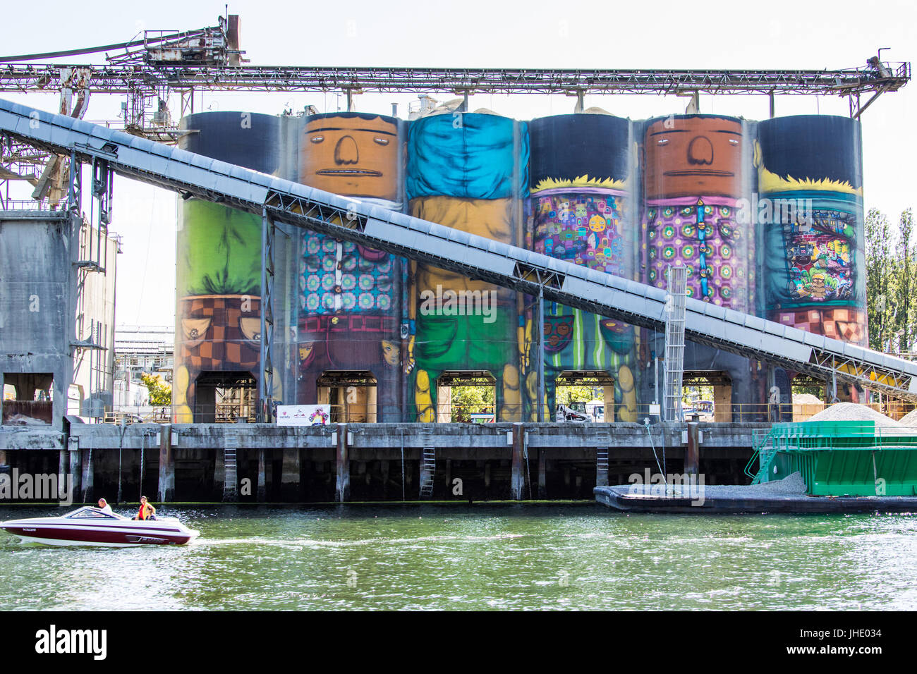 'Giants', public art made from Silos by Os Gemeos, Granville Island, Vancouver, British Columbia, Canada Stock Photo