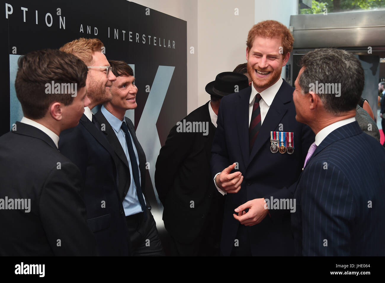 Prince Harry with Barry Keoghan, Sir Kenneth Branagh and Cillian Murphy, as he attends the world premiere of Christopher Nolan's epic Second World War movie Dunkirk at the Odeon Leicester Square in London. Stock Photo