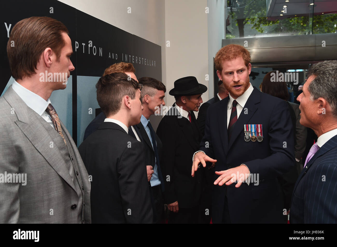 Prince Harry with James D'Arcy, Barry Keoghan, Sir Kenneth Branagh, Cillian Murphy and Mark Rylance as he attends the world premiere of Christopher Nolan's epic Second World War movie Dunkirk at the Odeon Leicester Square in London. Stock Photo