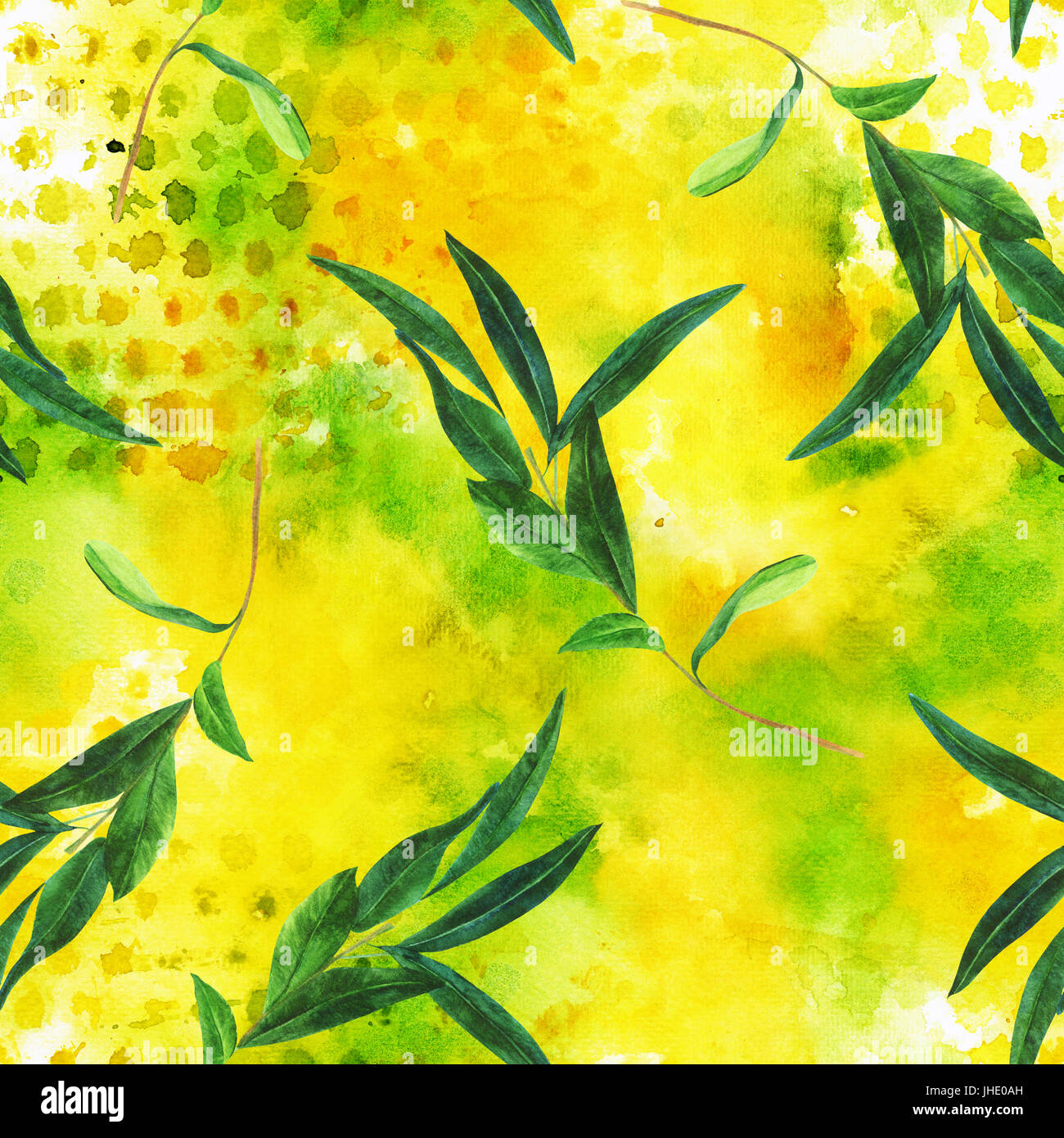 A seamless pattern with a watercolor drawing of a vibrant olive branch ...
