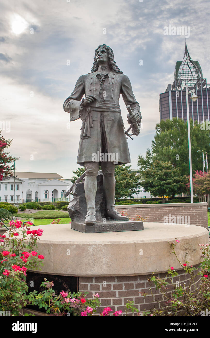 July 2017, Mobile, AL: A statue of Pierre Le Moyne d’Ibervillin in Cooper Riverside Park along the Mobile River. Stock Photo