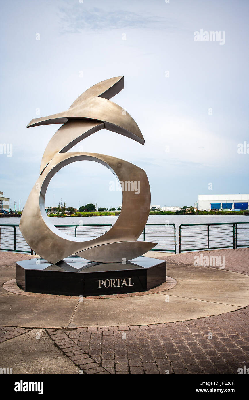 July 2017, Mobile, AL: The Portal sculpture by Casey Downing in Cooper Riverside Park alongside the Mobile River. Stock Photo