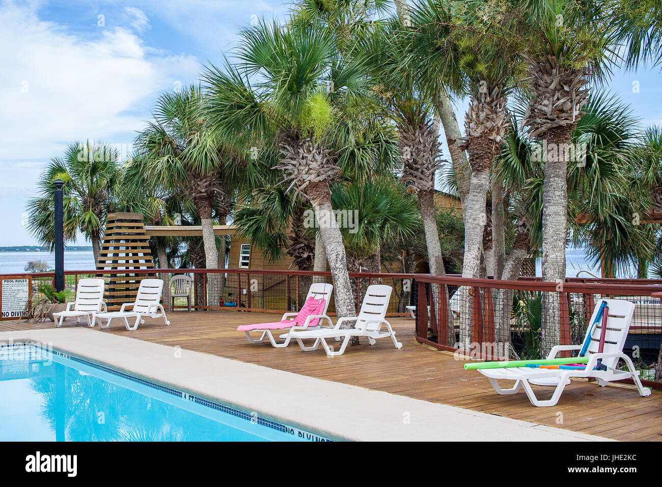A pool side with lounge chairs and palm trees in the background. Stock Photo