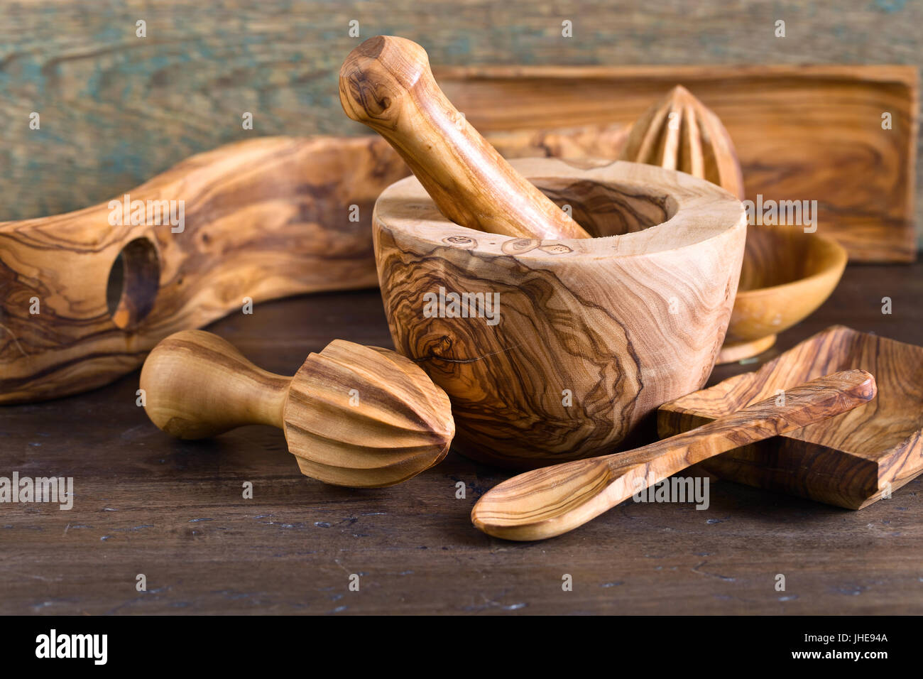 Set of wooden kitchen utensils made from olive wood Stock Photo