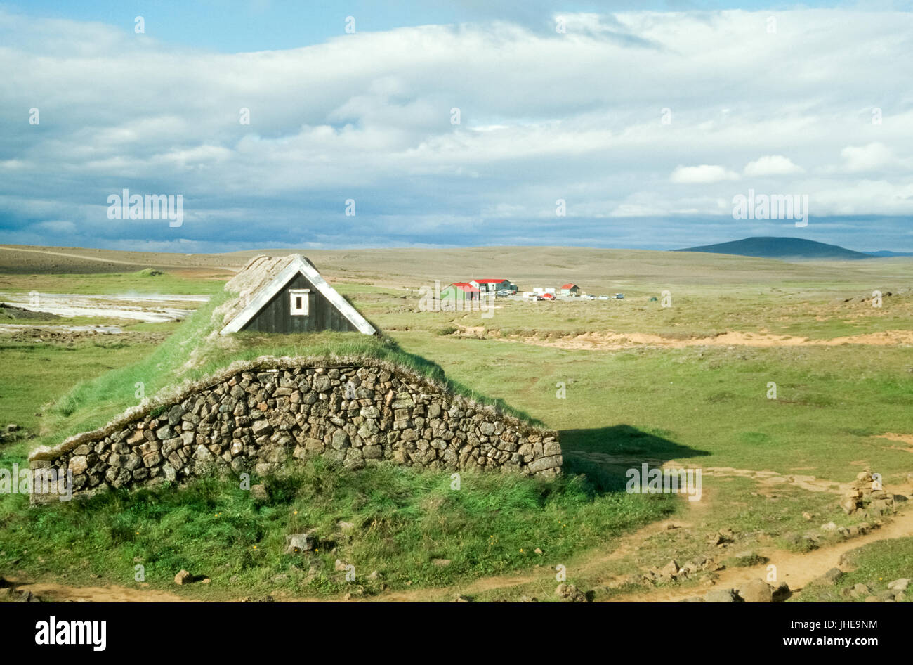 Traditional viking house with grass covered roof, Iceland Stock Photo