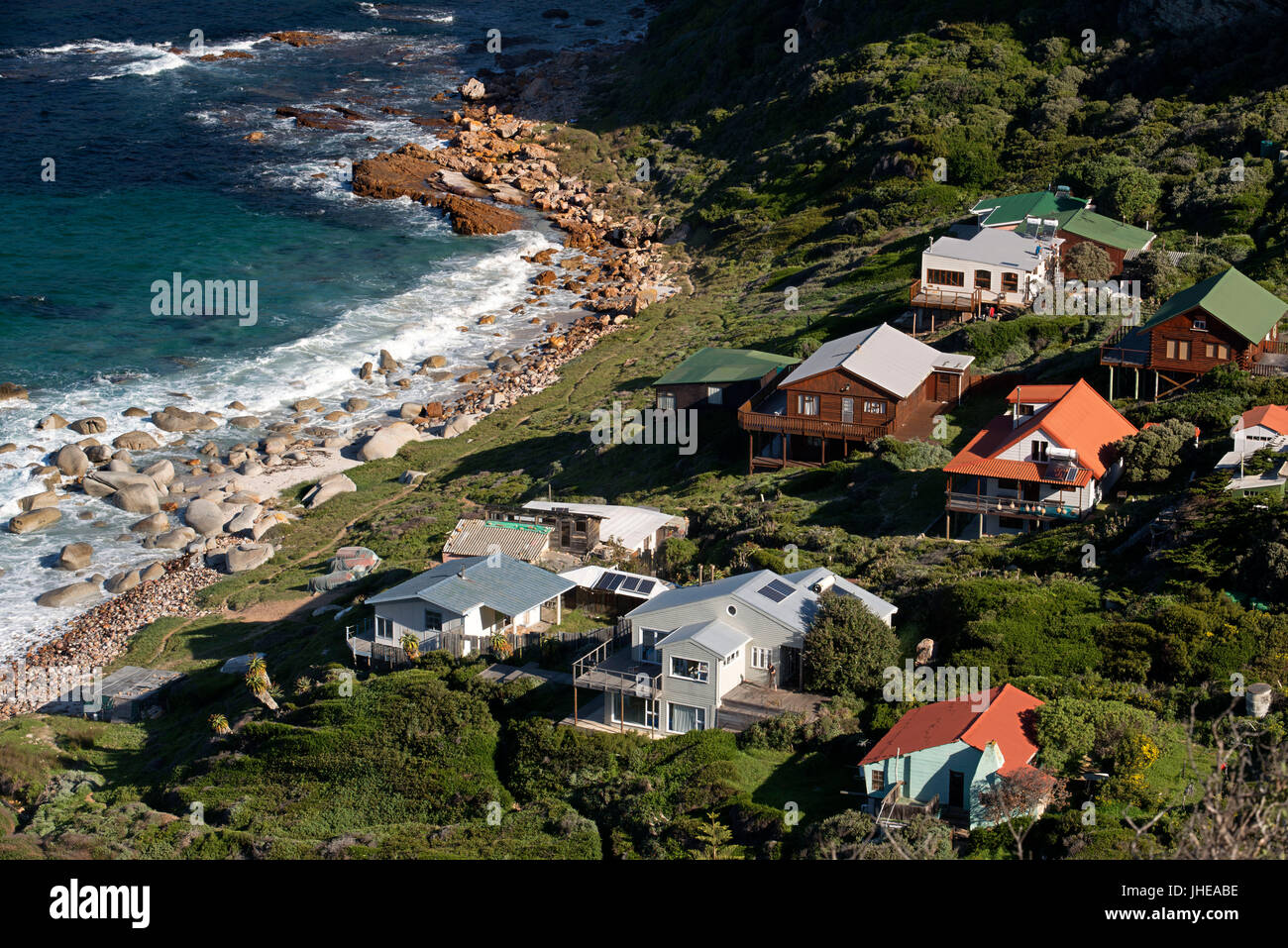 Fantastic View Towards Simons Town from Chapmans Peak Area Cape Peninsula South Africa. Houses between Simon's Town and Cape of Good Hope Stock Photo